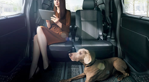 ミニバンの車内でくつろぐ女性と犬